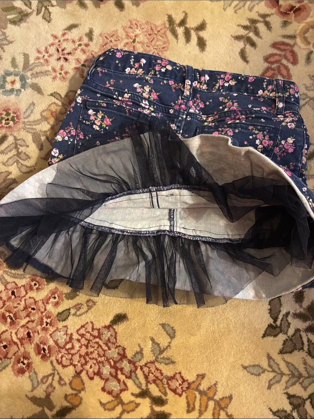 GapKids Navy Floral Ruffle Denim Skirt
